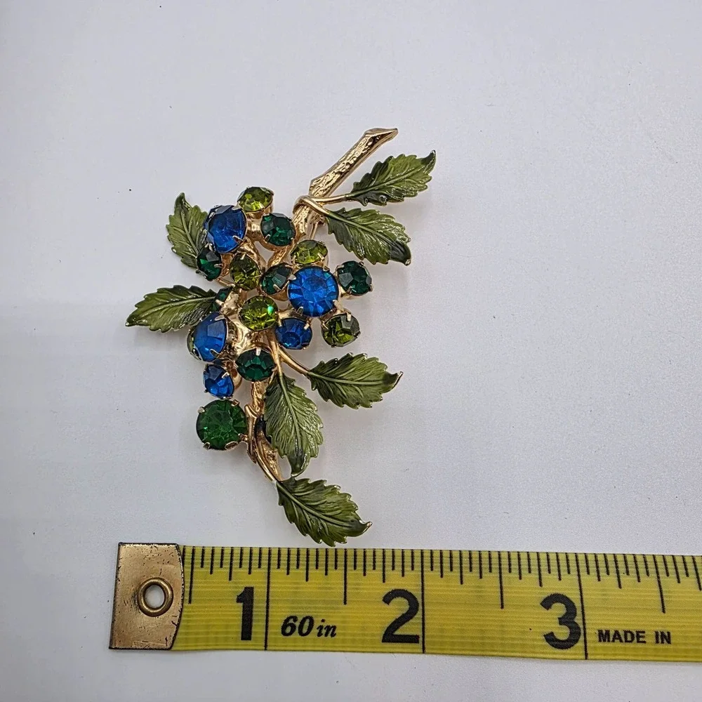 Hobe Enamel‎ Crystal Leaf Brooch Blue Green Gem Rhinestone Statement Pin Vintage